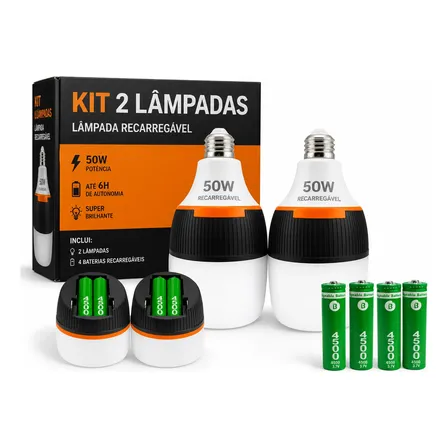 2 Lâmpada de Emergência Led Recarregável Inteligente Bivolt Branco 127/220v