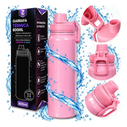 800ml Garrafa Térmica Água E Café Squeeze Inox Academia Alça Rosa