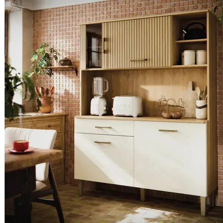 Armário de Cozinha Completa com Balcão 4 Portas E Gaveta com Nicho Compacta com Detalhe em Vidro Verona Ripado 3d Branco
