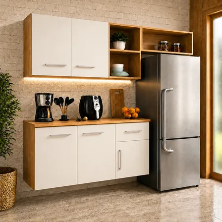 Armário de Cozinha Completo com 5 Portas, Gaveta E Nichos Cinamomo/off White