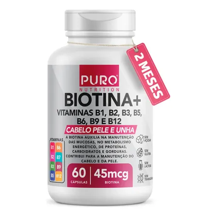 Biotina + Puro Nutrition Pele, Cabelo e Unhas, 45 mcg de Biotina por dose, Vitaminas B1, B2, B3, B5, B6, B9 e B12, 60 Cápsulas