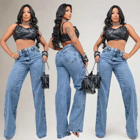 Calça Wide Leg Jeans Cintura Alta 100% Algodão