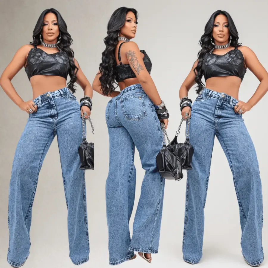 Calça Wide Leg Jeans Cintura Alta 100% Algodão