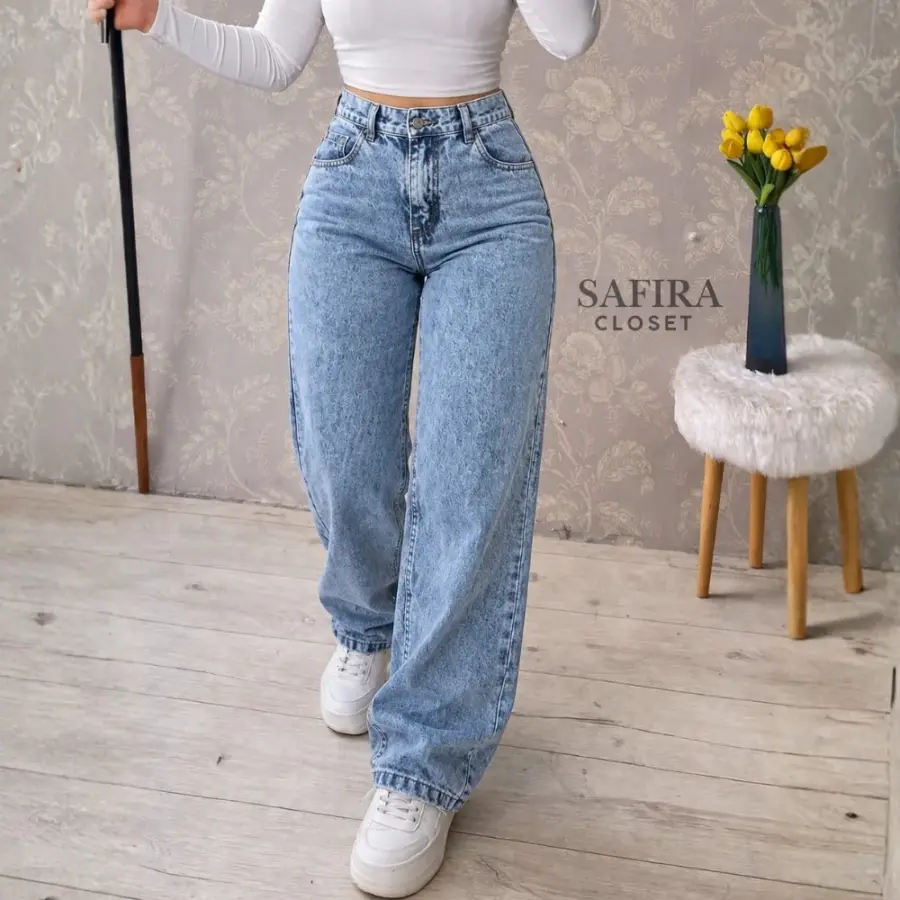 Calça Wide Leg Jeans Marmorizada 100% Algodão