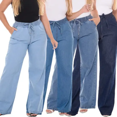 Calça Wide Leg Jeans Pantalona Tecido Leve