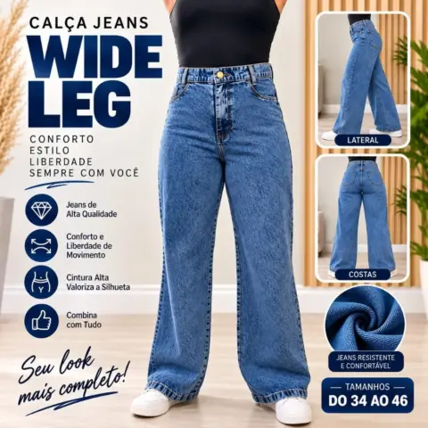 Calça Wide Leg Jeans Sem Elastano 34 ao 46