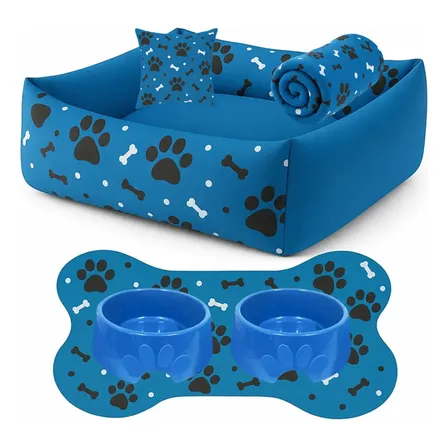 Caminha Pet Pra Cachorro + Tapete + Lençol + 2 Comedouro