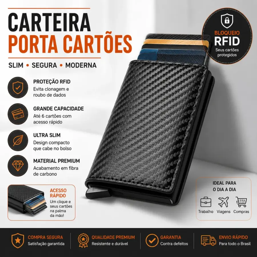 Carteira Porta-Cartões Masculina Fibra de Carbono