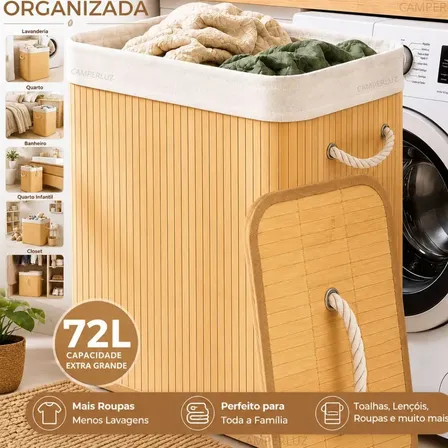 Cesto Organizador de Roupa em Bambu Dobrável 72 Litros com Tampa