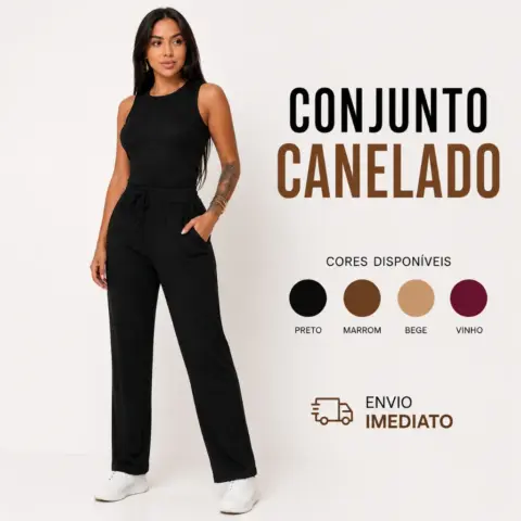 Conjunto Canelado de Calça Pantalona e Regata