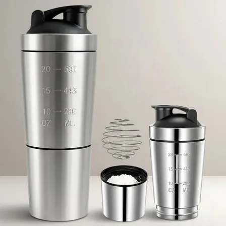 Coqueteleira Shakereira Academia 900ml Aço Inox Divisória Bola Mola Misturador Compartimento Whey Suplementos