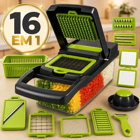 Cortador Fatiador Ralador de Legumes Frutas Vegetais Triturador Picador Manual 16 Peças para Cozinha Mandolin Inox Sólar
