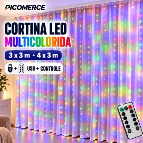 Cortina de Luz LED Colorida com Controle