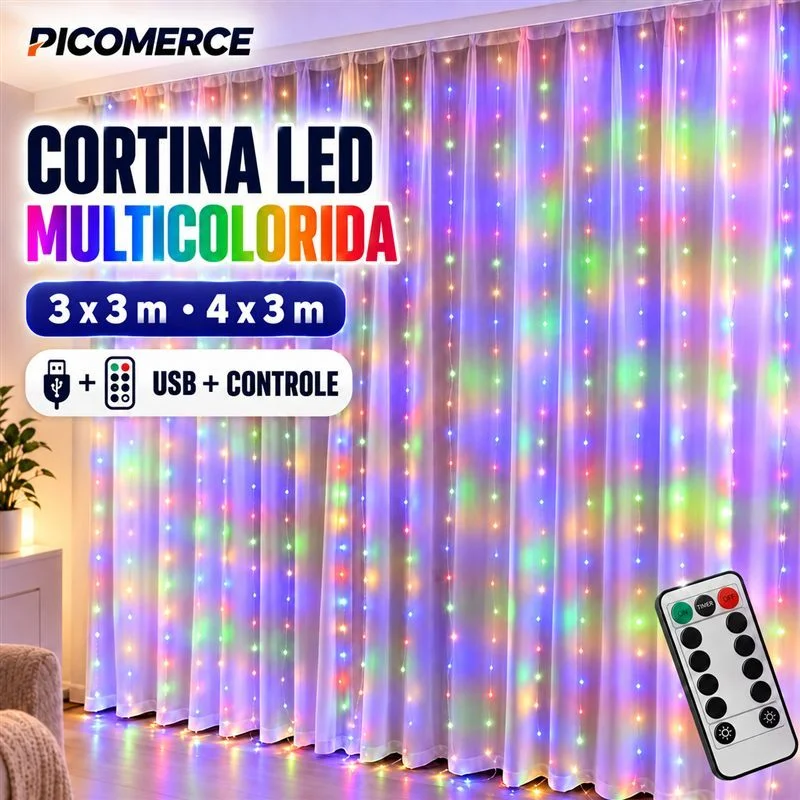 Cortina de Luz LED Colorida com Controle