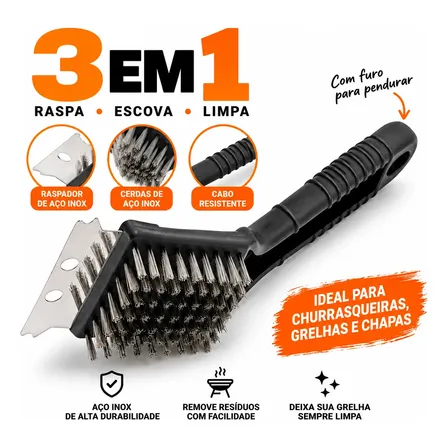 Escova Limpa Grelha 3 em 1 Aço Inox Raspador Churrasqueira Preto