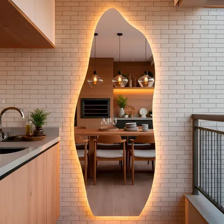 Espelho Orgânico com LED 170×70 cm Ideal para Quarto, Banheiro, Escritório, Hall e Sala – Modelo Flame com Iluminação LED Quente, Perfeito para Ambientes com Decoração Moderna