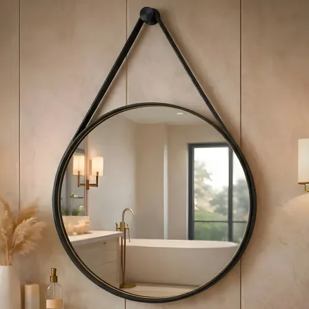 Espelho Redondo Decorativo 60×60 Moldura Alça Caramelo Preto