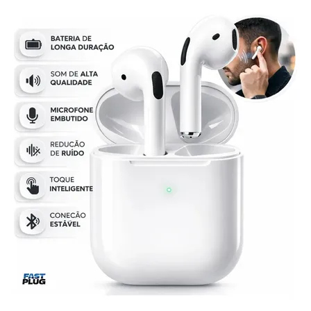 Fone de Ouvido Bluetooth Bateria de Longa Duração Pro 4 Branco Conecta Rápido Fast Plug com Case Carregador E Microfone