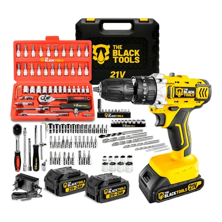 Furadeira Parafusadeira de Impacto 2 Baterias 21v + 46 Peças Amarelo 110v/220v 60hz