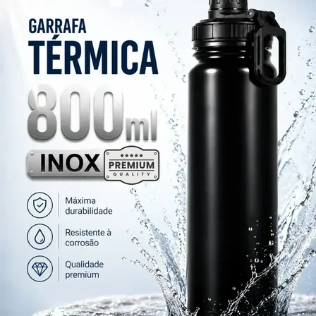 Garrafa Térmica 800ml Água Azarte Inox Academia com Alça Preta