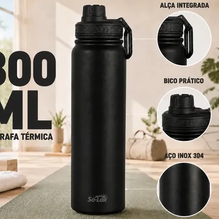 Garrafa Térmica 800ml Isolada A Vácuo Squeeze Aço Inox 304 para Água Gelada Esporte Academia com Alça e Bico Preto Sólar