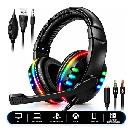 Headset Gamer RGB Led com Microfone P2 P/ PC PS3 PS4 PS5 Xbox Celular Notebook Surround 5.1 com Adaptador Landara