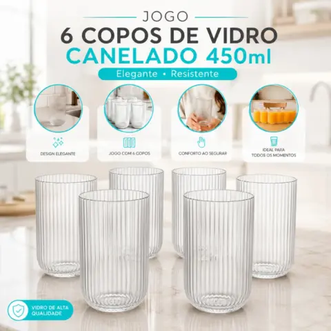 Jogo de 6 Copos de Vidro Canelado 450 ml