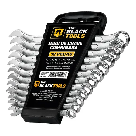 Jogo de Chave Boca E Estrela Combinada 12 Pçs Aço 6-22 Mm Cromada Profissional Tkch12 The Black Tools