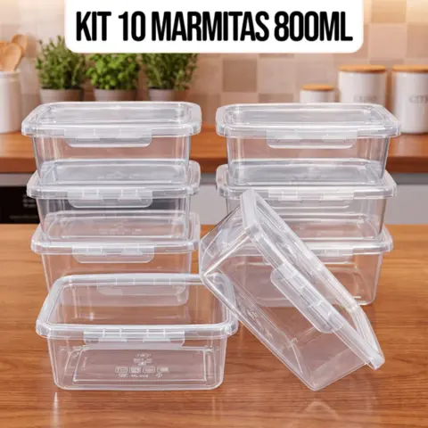 Kit 10 Marmitas de 800 ml com Travas Herméticas