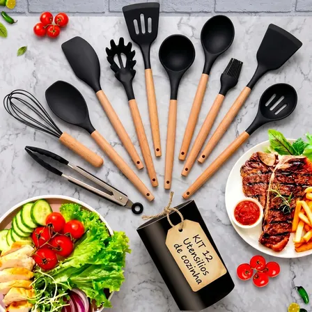Kit 12 Utensílios de Cozinha em Silicone Cabo Madeira Antiderrapante Resistentes Ao Calor Antiaderentes Ideal para Panelas E Preparos Completos Ponte Lar Utilidades