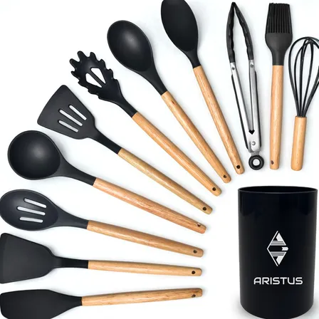Kit 12 Utensílios de Cozinha em Silicone Premium com Cabo de Madeira Marca Aristus Resistentes Ao Calor Até 220°c, Antiaderentes, Duráveis E Modernos Cor Preto