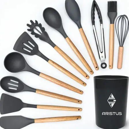 Kit 12 Utensílios de Silicone com Cabo de Madeira – Marca Aristus com Alta Resistência, Durável E com Design Moderno, Perfeito para Sua Cozinha Cor Cinza