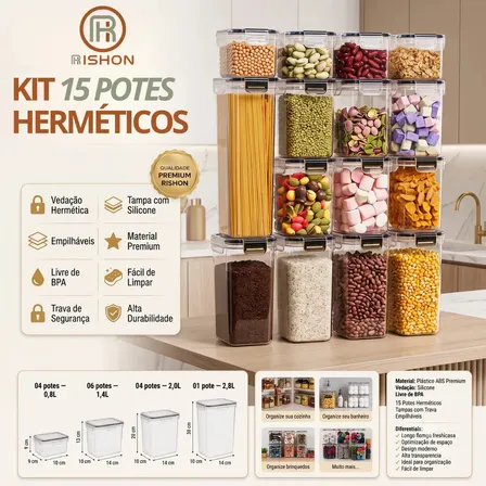 Kit 15 Potes Hermético Cadencia Mantimentos Retangular Cozinha Branco Rishon 22,4 Litros