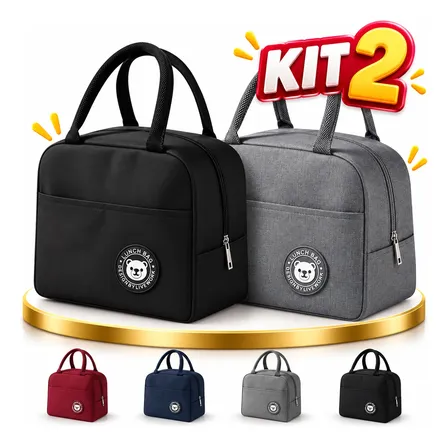 Kit 2 Bolsa Marmita Térmica Lancheira Academia Trabalho Dia Preto E Cinza
