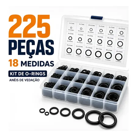 Kit 225 Anéis O-ring Nitrílica Vedação Borracha 18 Tamanhos Preto