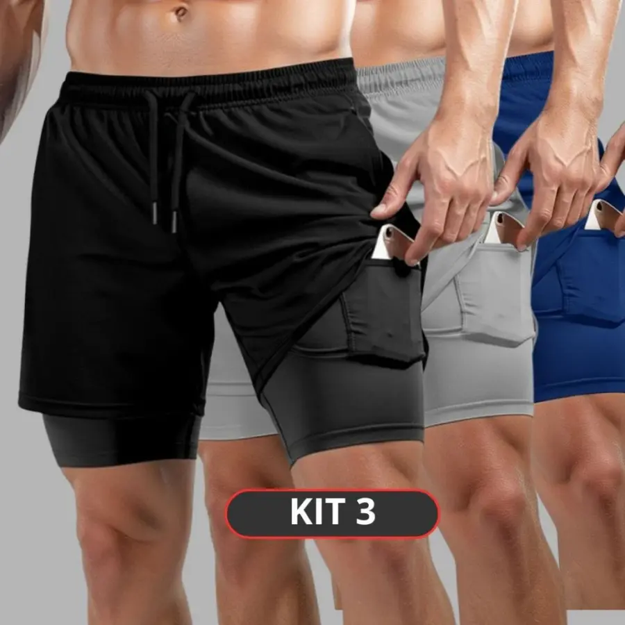 Kit 3 Bermudas Masculinas 2 em 1 para Academia