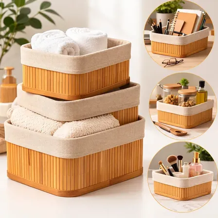 Kit 3 Cestos Organizadores de Bambu Retangulares com Forro Lavável Multiuso Organizar Casa Banheiro Cozinha Guarda-Roupa Lavanderia Armazenamento de Objetos – Nany Pink
