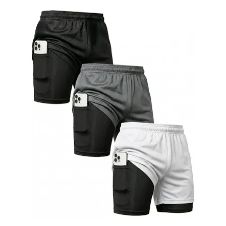 Kit 3 Shorts 2 em 1 com Duplo Bolso para Academia e Corrida