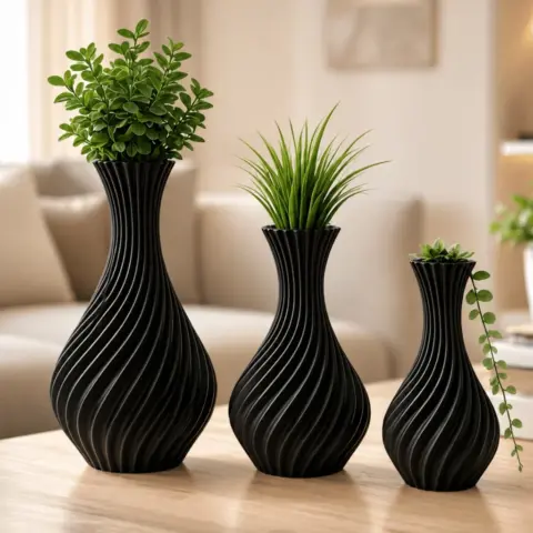 Kit 3 Vasos Decorativos Pretos em Espiral