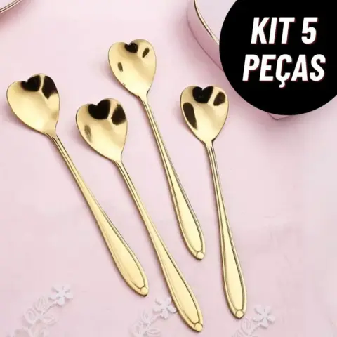 Kit 5 Colheres de Coração Douradas