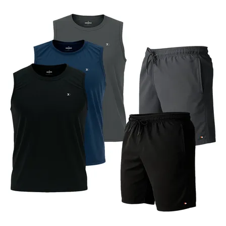 Kit 5 Peças: 3 Camisas Regata Dry-Fit + 2 Shorts Tactel