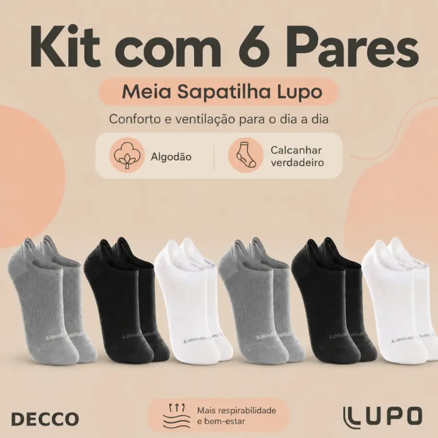 Kit 6 Pares de Meias Invisíveis Lupo Sport