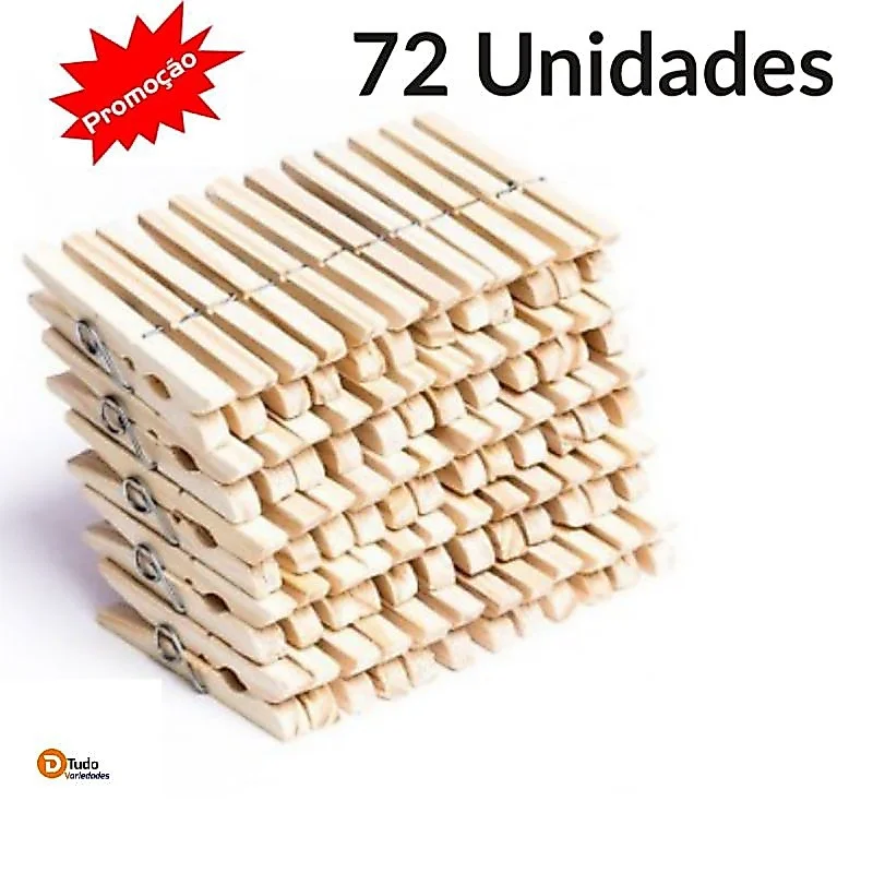 Kit 72 Prendedores de Roupa de Madeira
