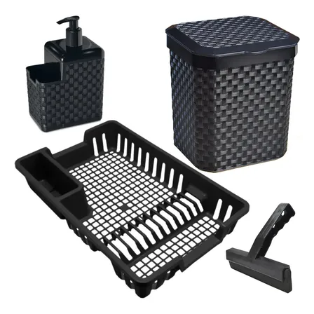 Kit Chá de Panela Casa Nova Cozinha Rattan Preto Organizador