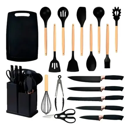 Kit Conjunto 19 Pçs de Utensílios Facas E Silicone Preto Preto