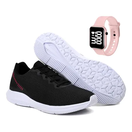Kit Tênis Esportivo Masculino Feminino Academia + Relógio Preto/pink 38 Br