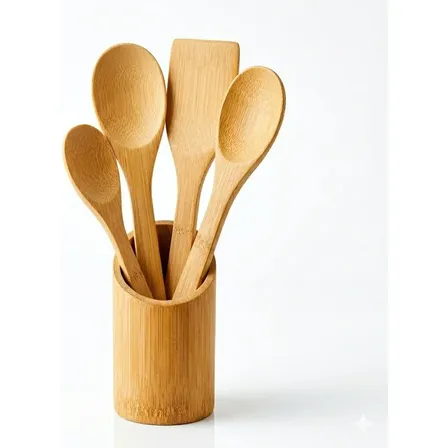 Kit Utensílios Bambu 5 Peças Colher de Pau Espátulas Suporte Kit Bambu