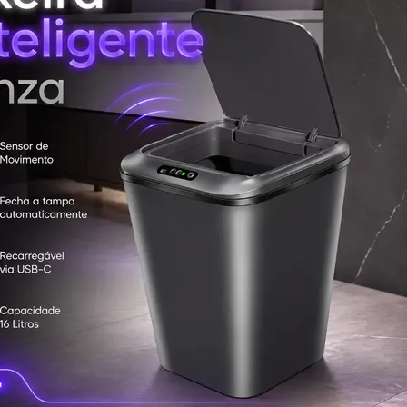 Lixeira Inteligente com Sensor Automático 16 Litros Recarregável