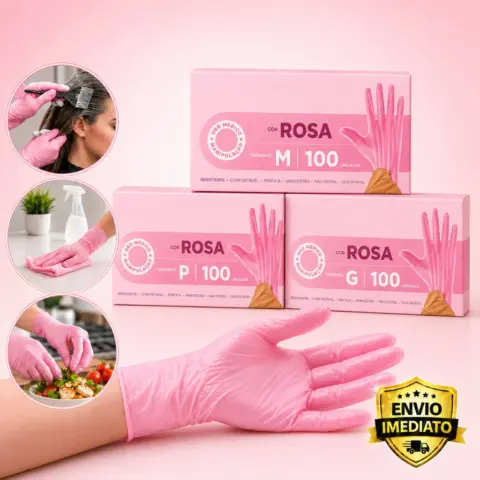 Luvas Descartáveis Rosa sem Pó 100 Unidades