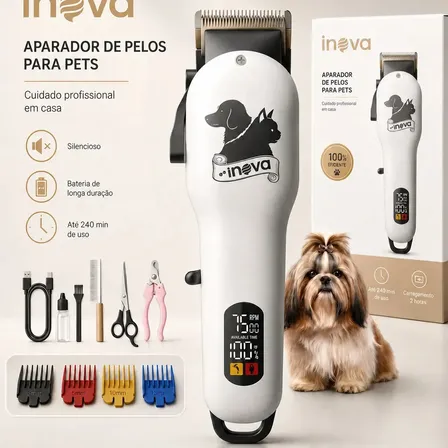 Máquina de Tosa Pet Profissional Inova LFJ-13498 Sem Fio 7500 RPM Silenciosa Display LED 240 Min 4 Pentes Kit Completo Cães e Gatos